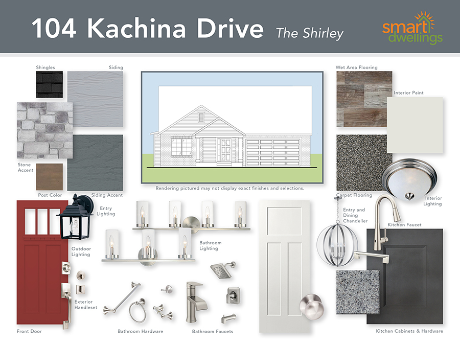 Home from Shirley floor plan featuring 3 bedrooms, 2.5 bathrooms, 2 car garage. Beautiful silver finishes, striking red door, grey color scheme exterior.